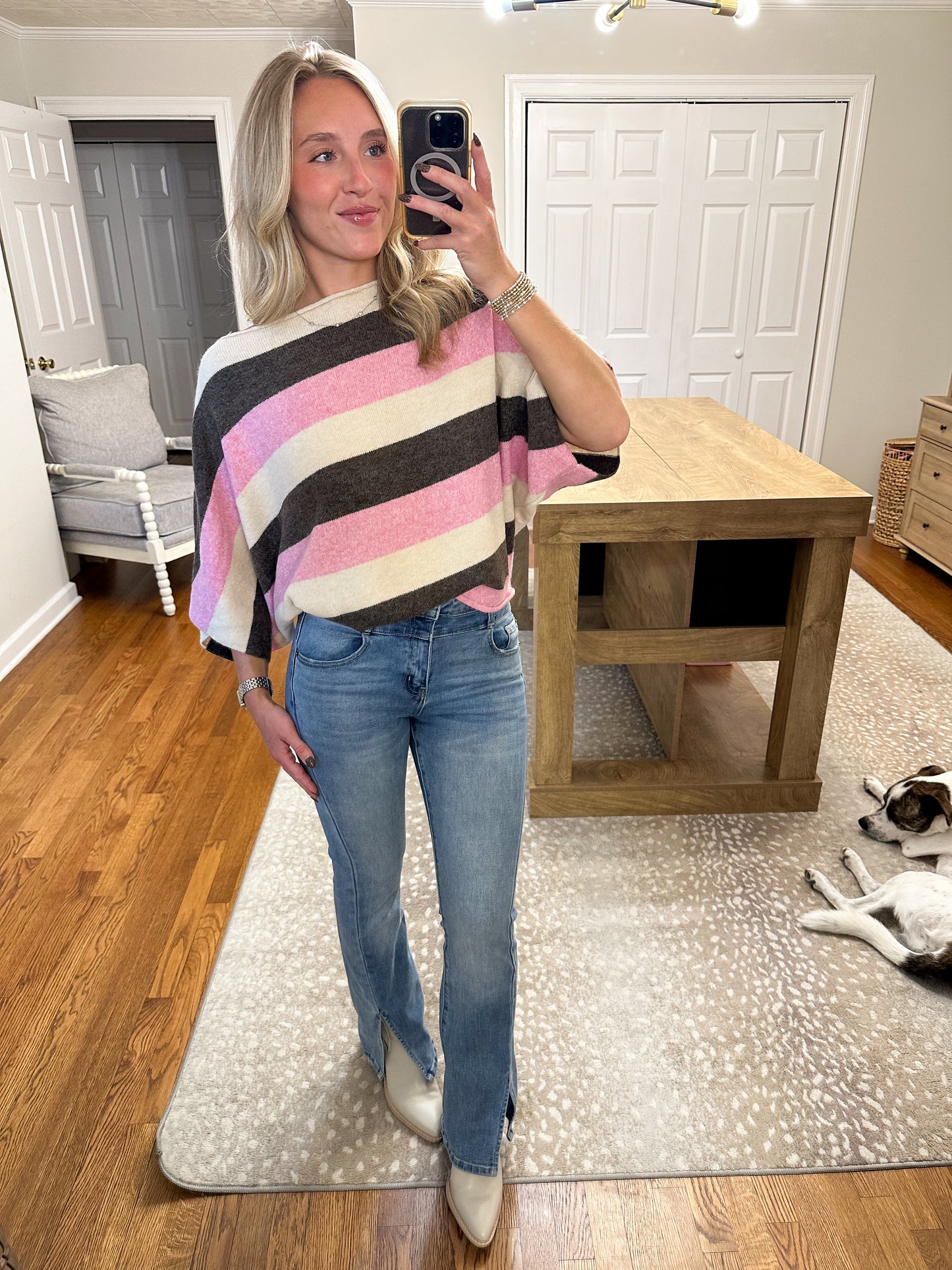 Katie Stripe Dolman Knit Top- Beige/Pink