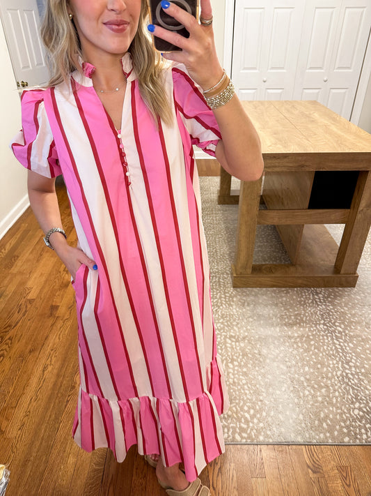 Harper Stripe Midi Dress- Cream/Pink