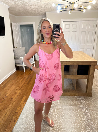 Sea Shell Embroidery Mini Dress- Pink
