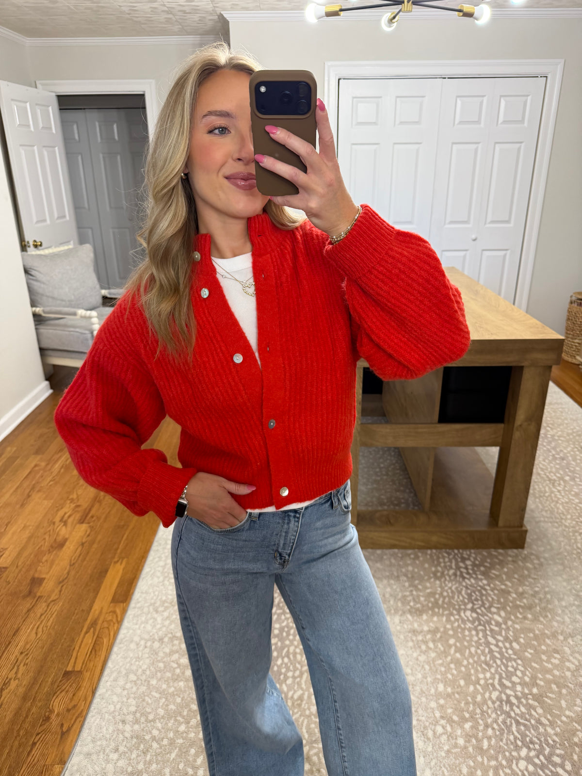 Mila Balloon Sleeve Cardigan- Red