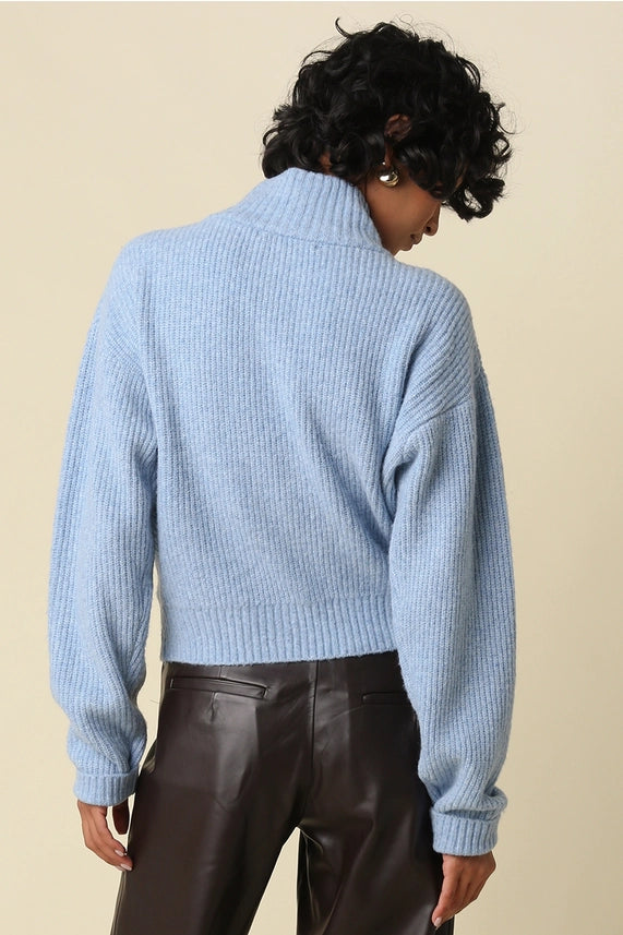 Halen Zip-Up Mock Neck Cardigan- Blue