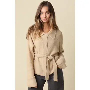 Maci Belted Knit Jacket- Taupe