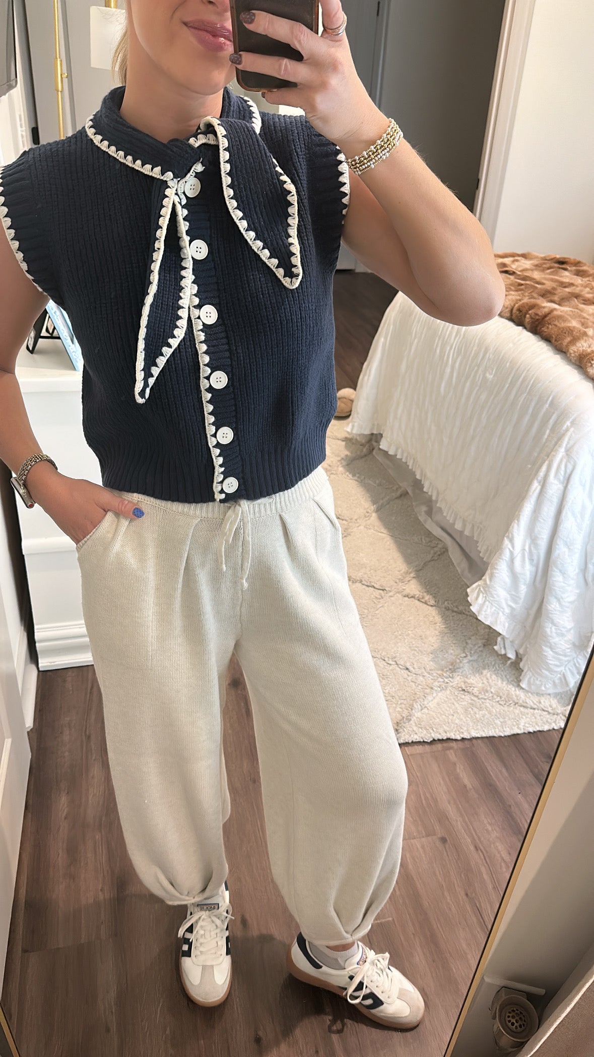 Tie Neck Sweater- Navy/White