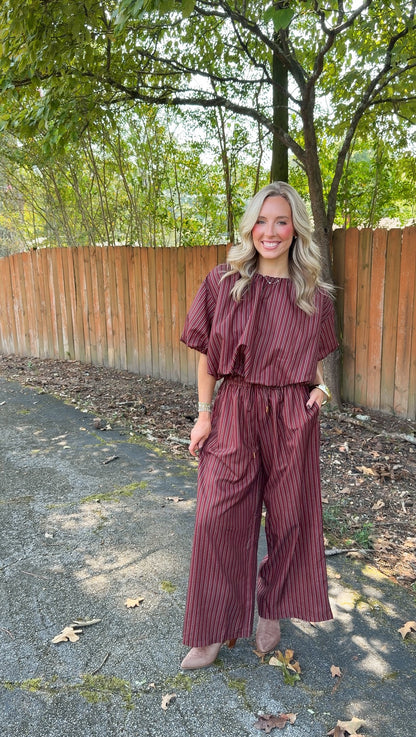 Collins Stripe Pants Set- Burgundy