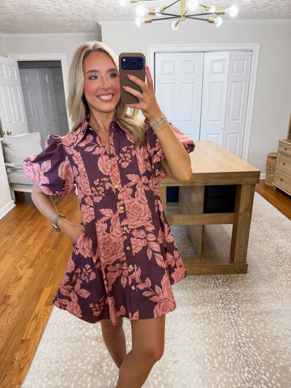 Ian Floral Puff Sleeve Mini Dress- Wine/Pink