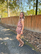 Aria Plaid Halter Mini Dress- Brown/Pink