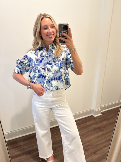 Sena Floral Cropped Shirt- Blue