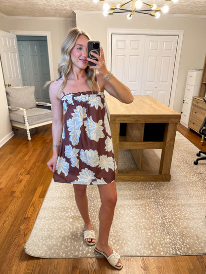 Palma Floral Mini Dress- Brown/Blue