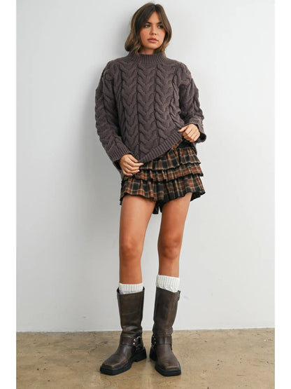 Cable-Knit Long Sleeve Sweater- Brown