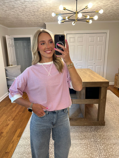 Rib Banded Short Sleeve Stripe Pullover- Bright Mauve
