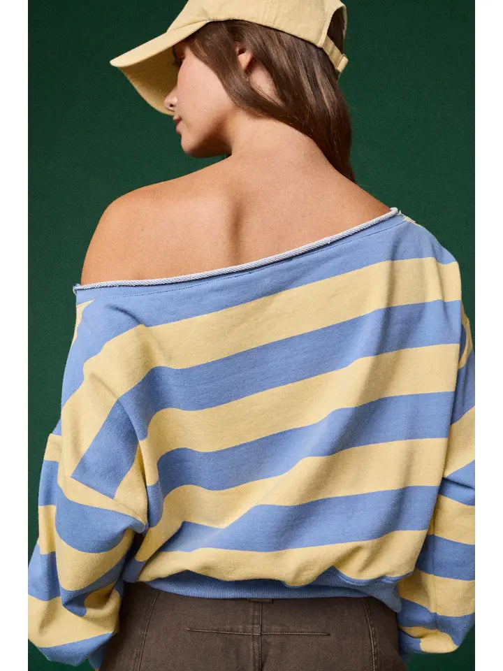 Lily Striped Off Shoulder Sweatshirt- Blue/Yellow