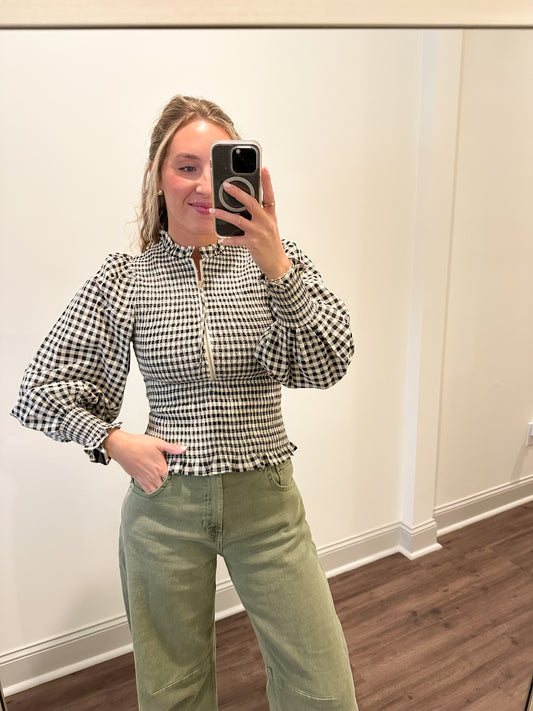 Presley Gingham Zip Top- Black