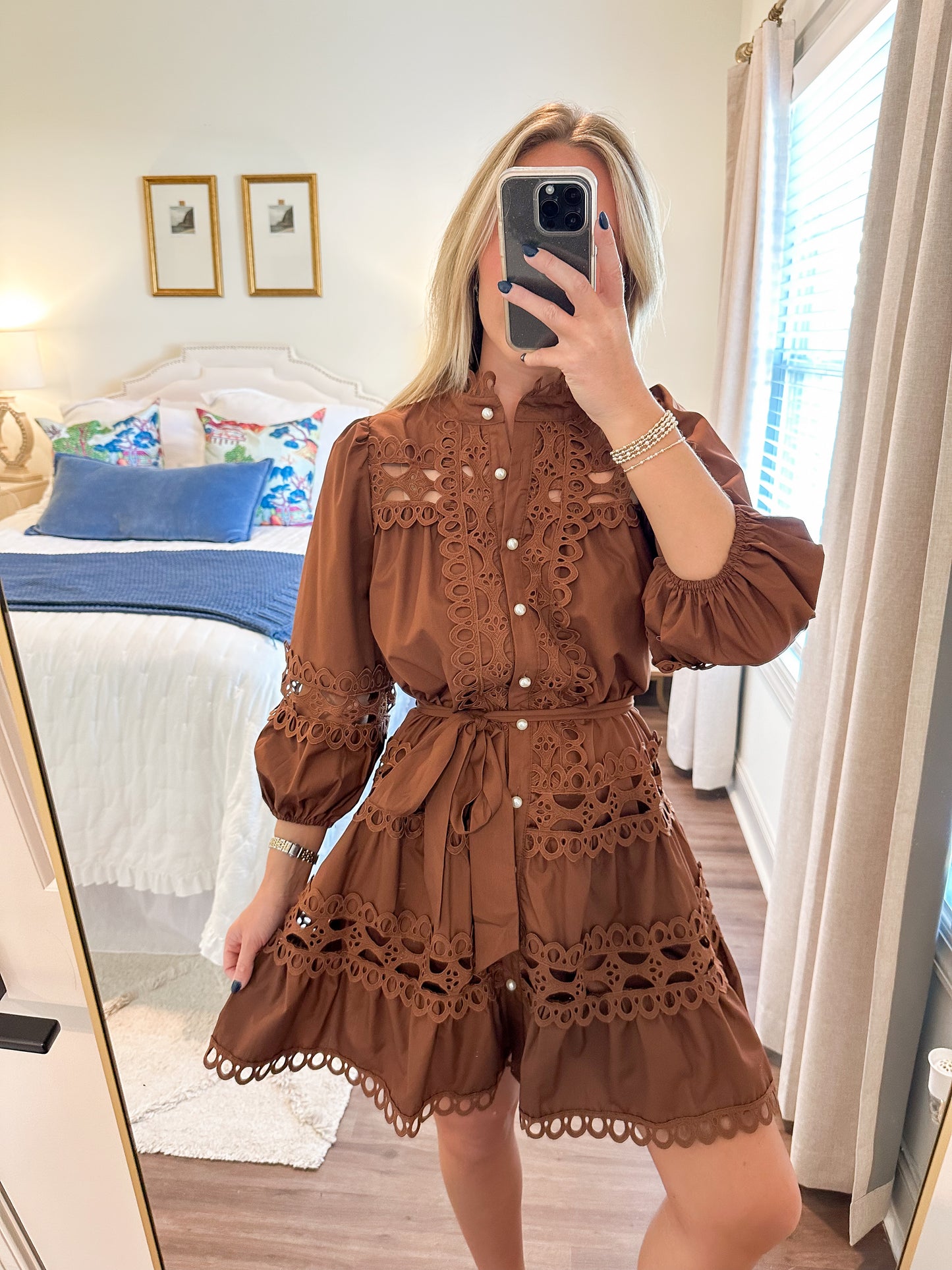 Pearl Button Mini Dress- Brown