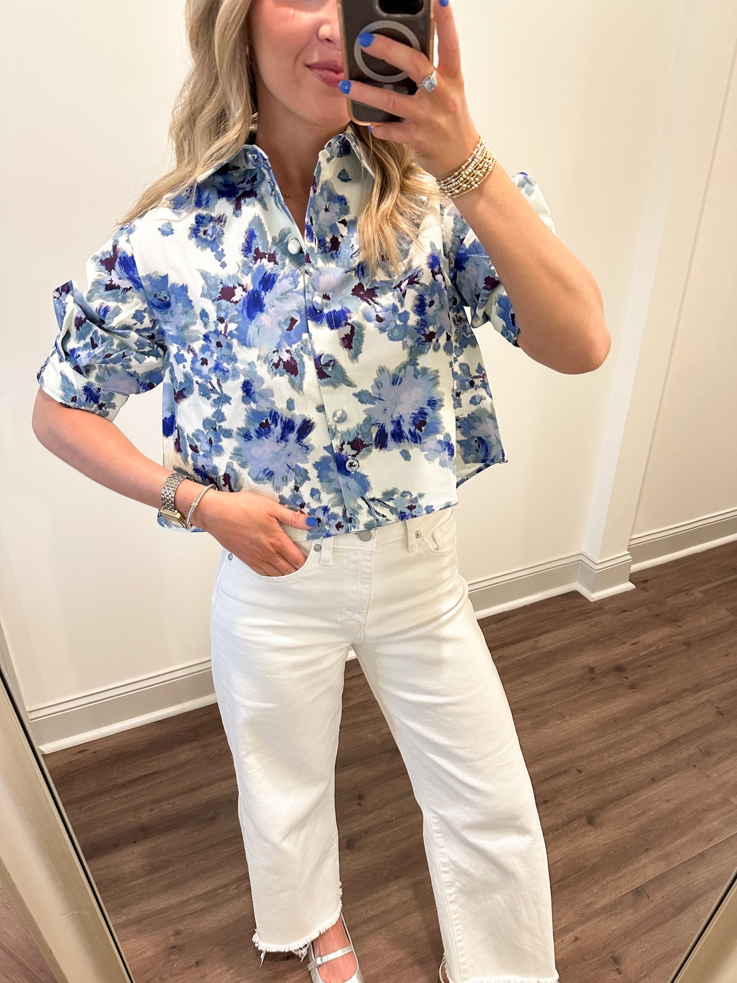 Sena Floral Cropped Shirt- Blue