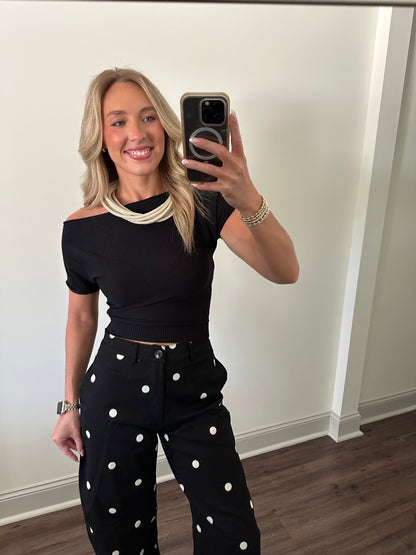 Angela Boat Neck Cinched Tee- Black