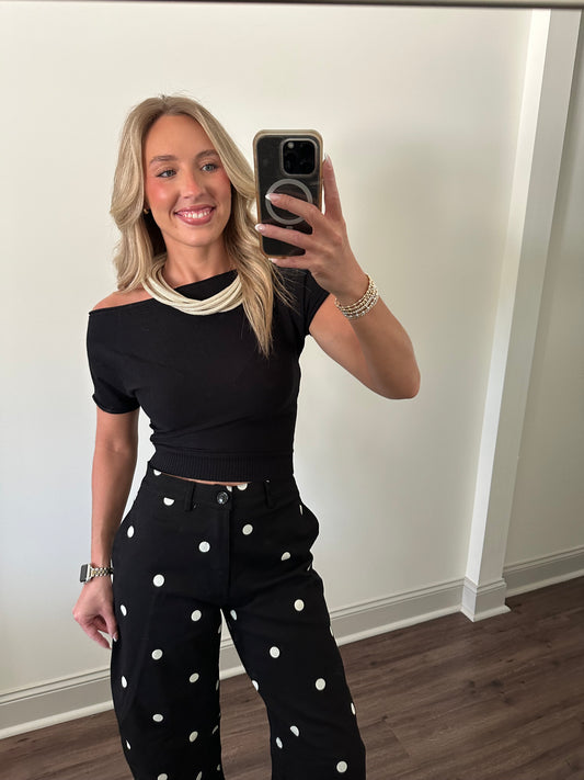 Angela Boat Neck Cinched Tee- Black