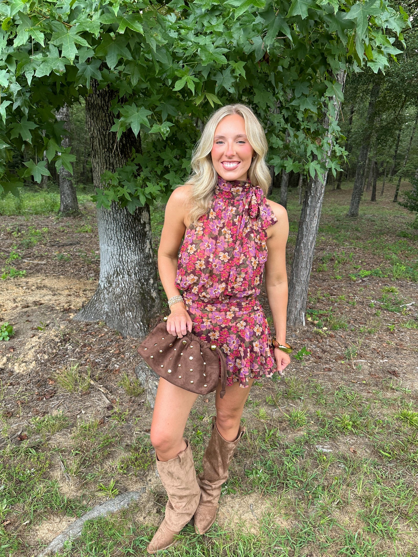 Berry Floral Halter Mini Dress