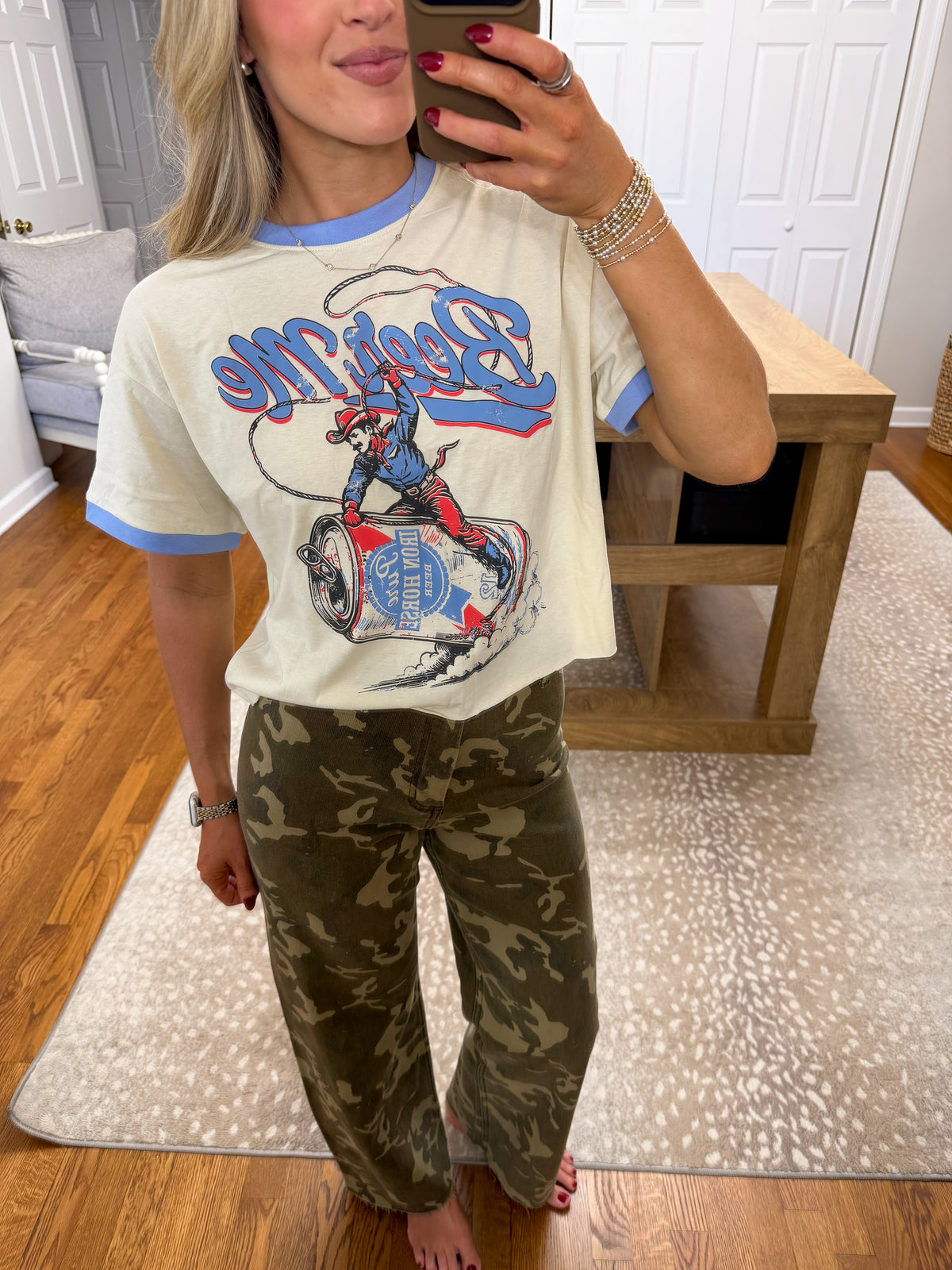 Beer Me Ringer Tee- Blue/Off-White