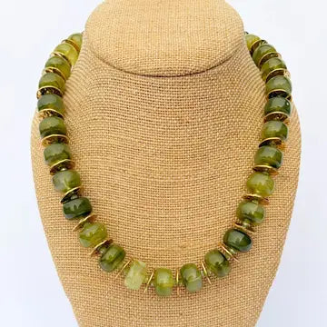Round Olive Bead Necklace with Gold Spacers