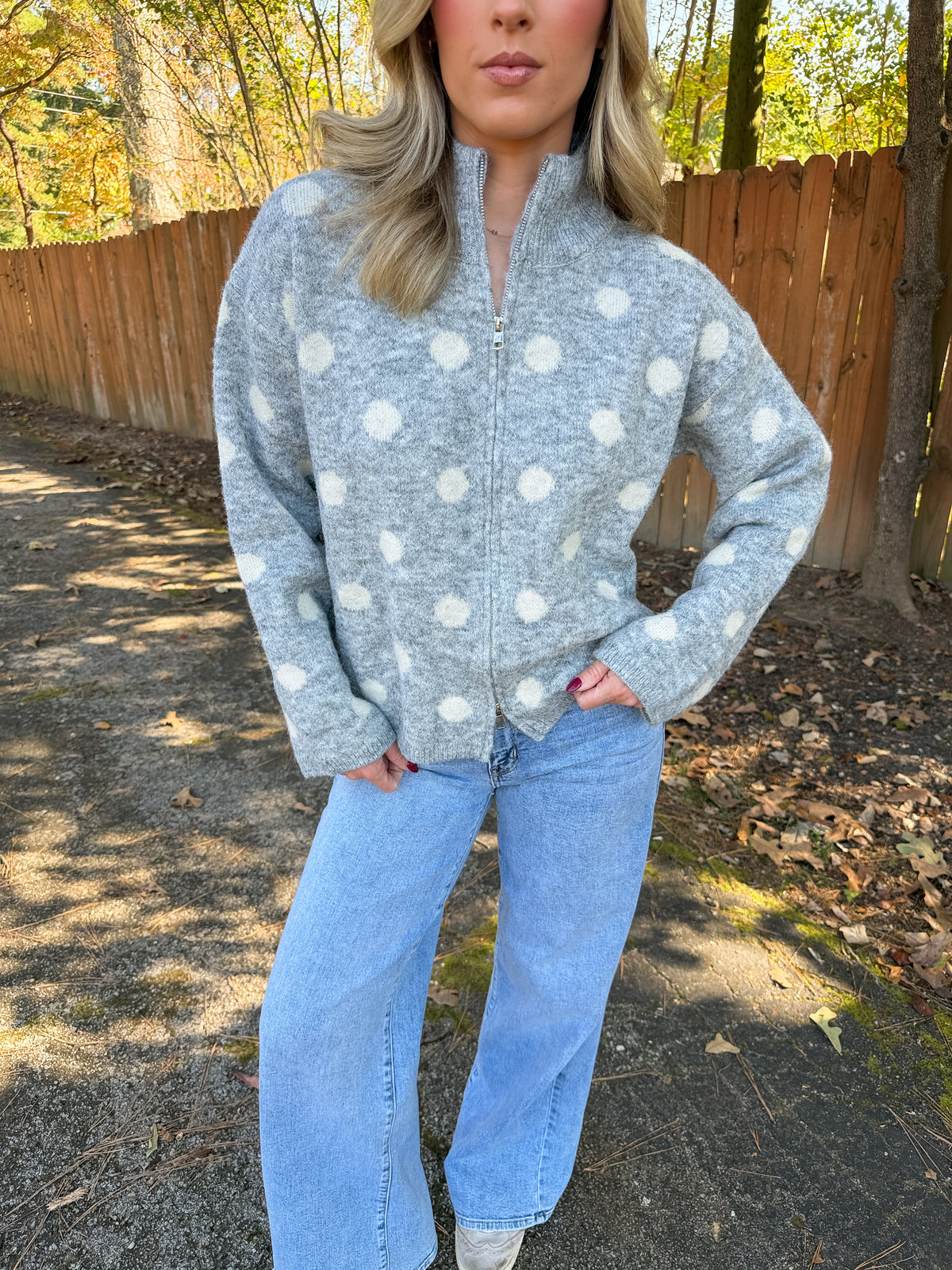 Hayden Polka Dot Zipper Jacket- Grey/Cream