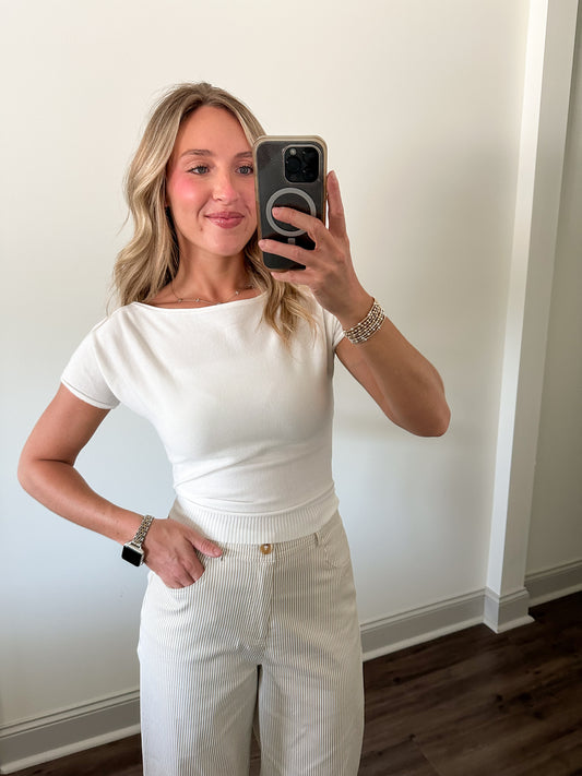 Angela Boat Neck Cinched Tee- Ivory