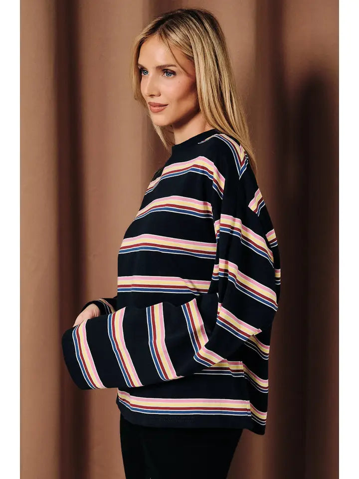Multi Striped Crew Neck Top- Navy