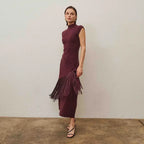 Fringe Faux Wrap Dress- Burgundy
