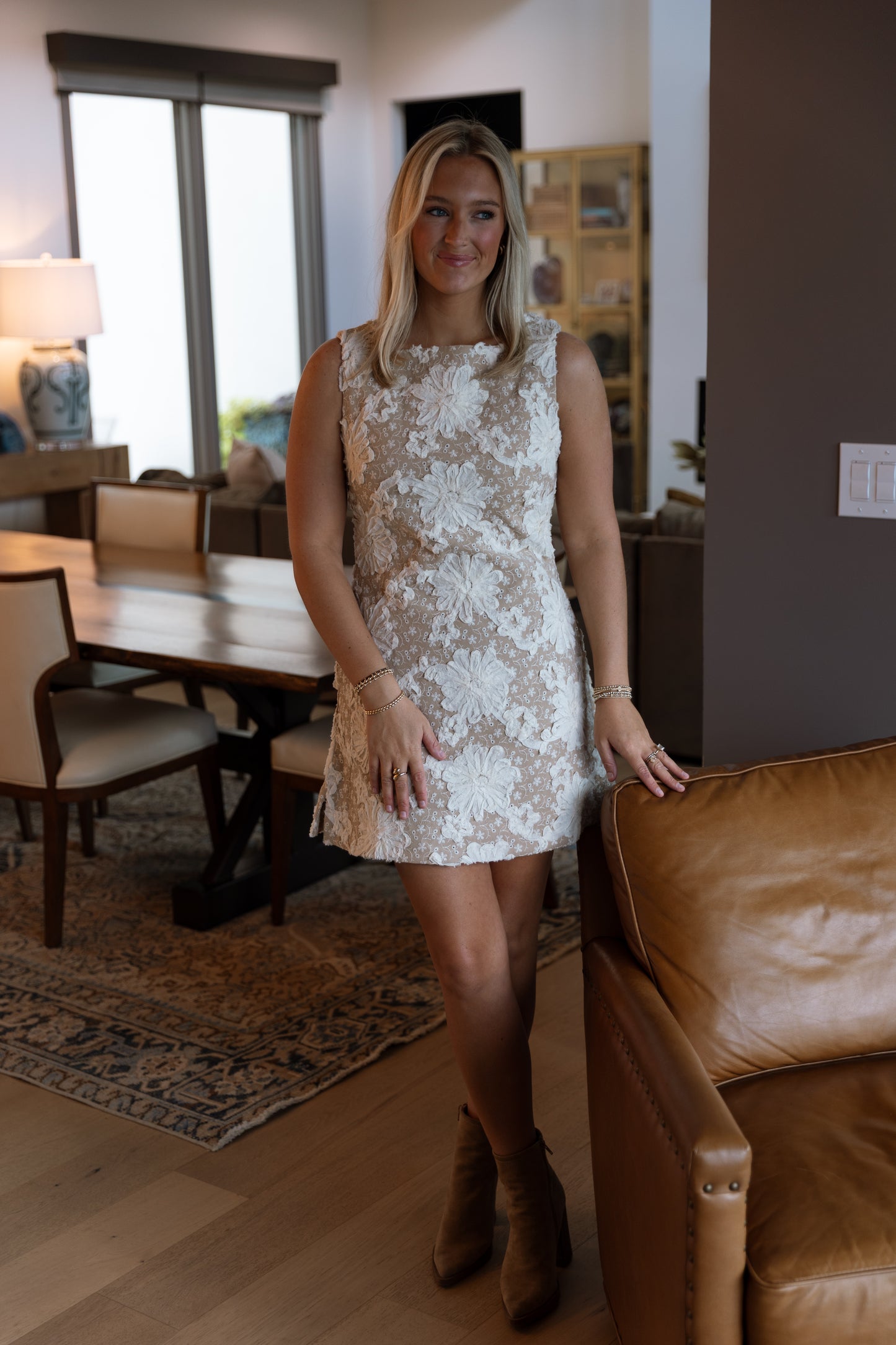 Mavis Embroidered Mini Dress- Tan