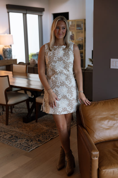 Mavis Embroidered Mini Dress- Tan