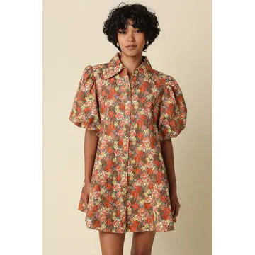 Lara Floral Mini Dress- Grey Rust