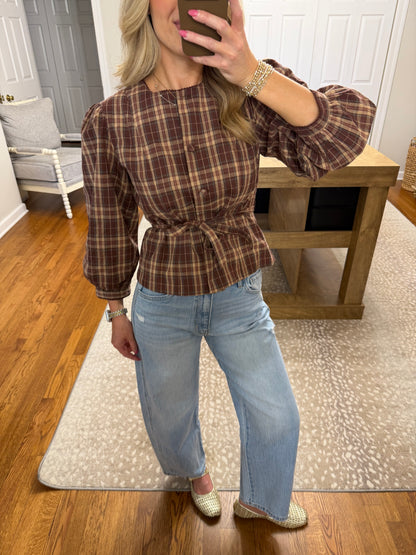 Marlowe Plaid Tie-Waist Blouse