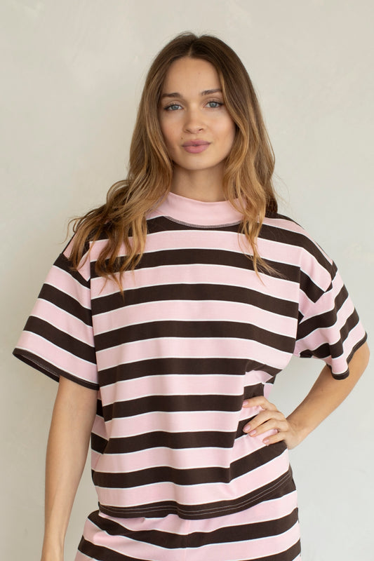 Sheila Mock Neck Tee- Pink/Brown