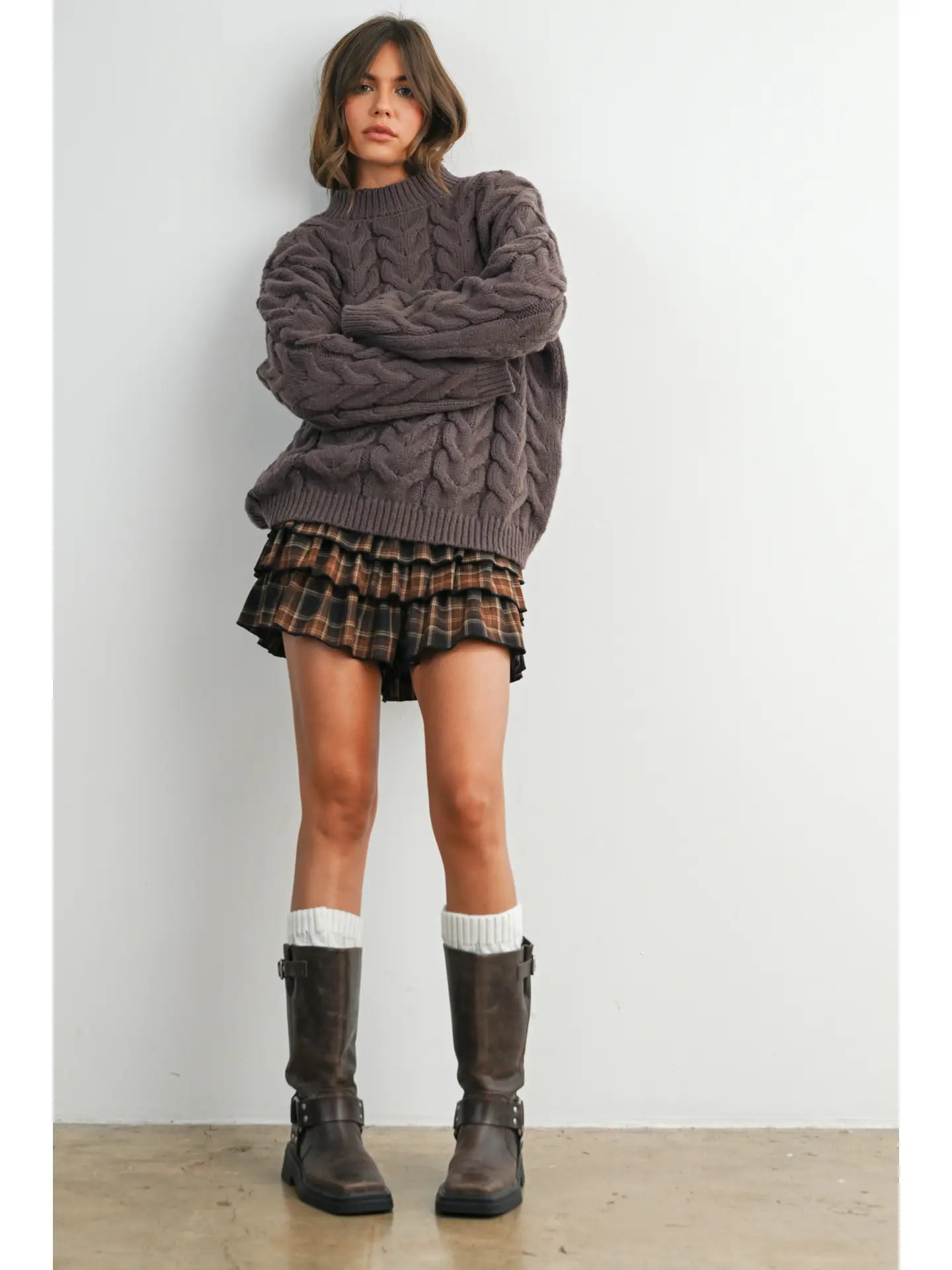 Cable-Knit Long Sleeve Sweater- Brown