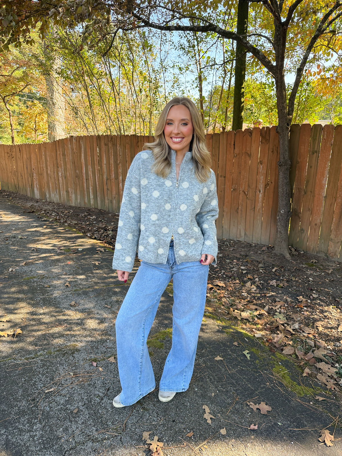 Hayden Polka Dot Zipper Jacket- Grey/Cream