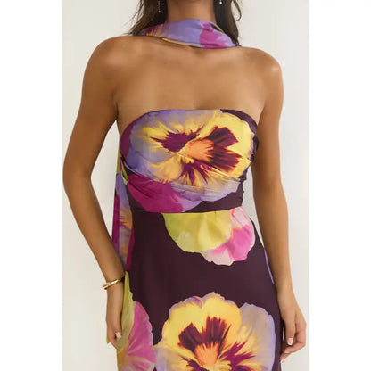 Plum Strapless Floral Maxi Dress