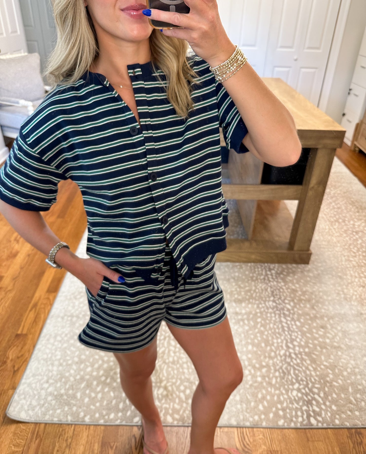 Elaine Navy-Green Stripe Set