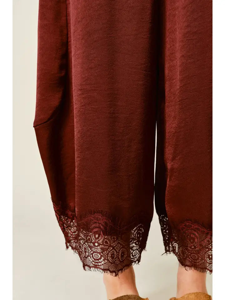 Lace Trim Satin Drawstring Barrel Pants- Rust