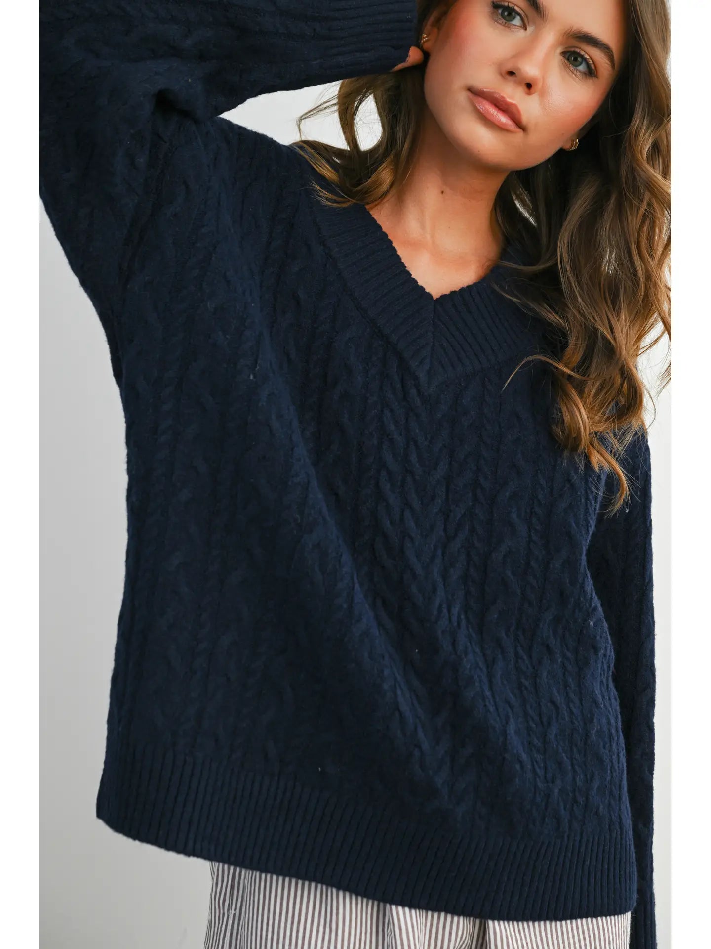 Heather Cable Knit Sweater- Navy