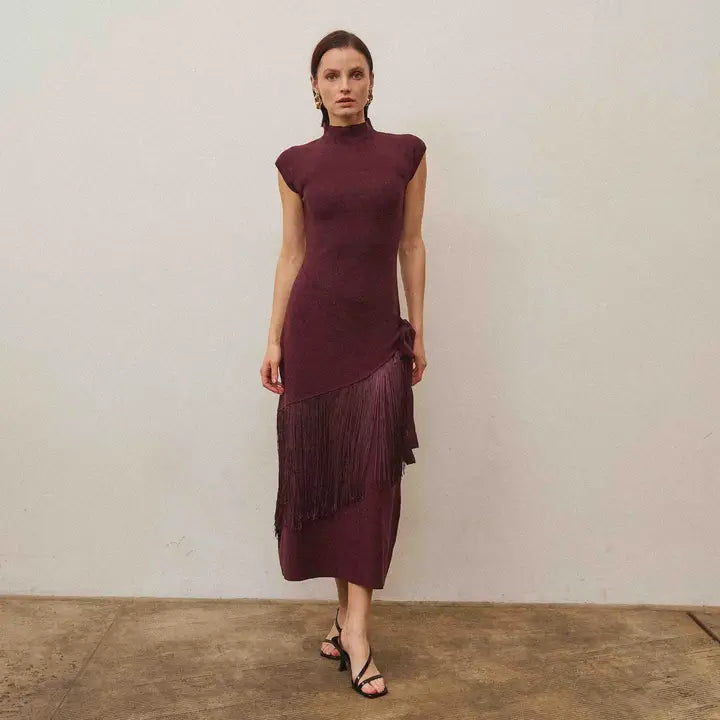 Fringe Faux Wrap Dress- Burgundy