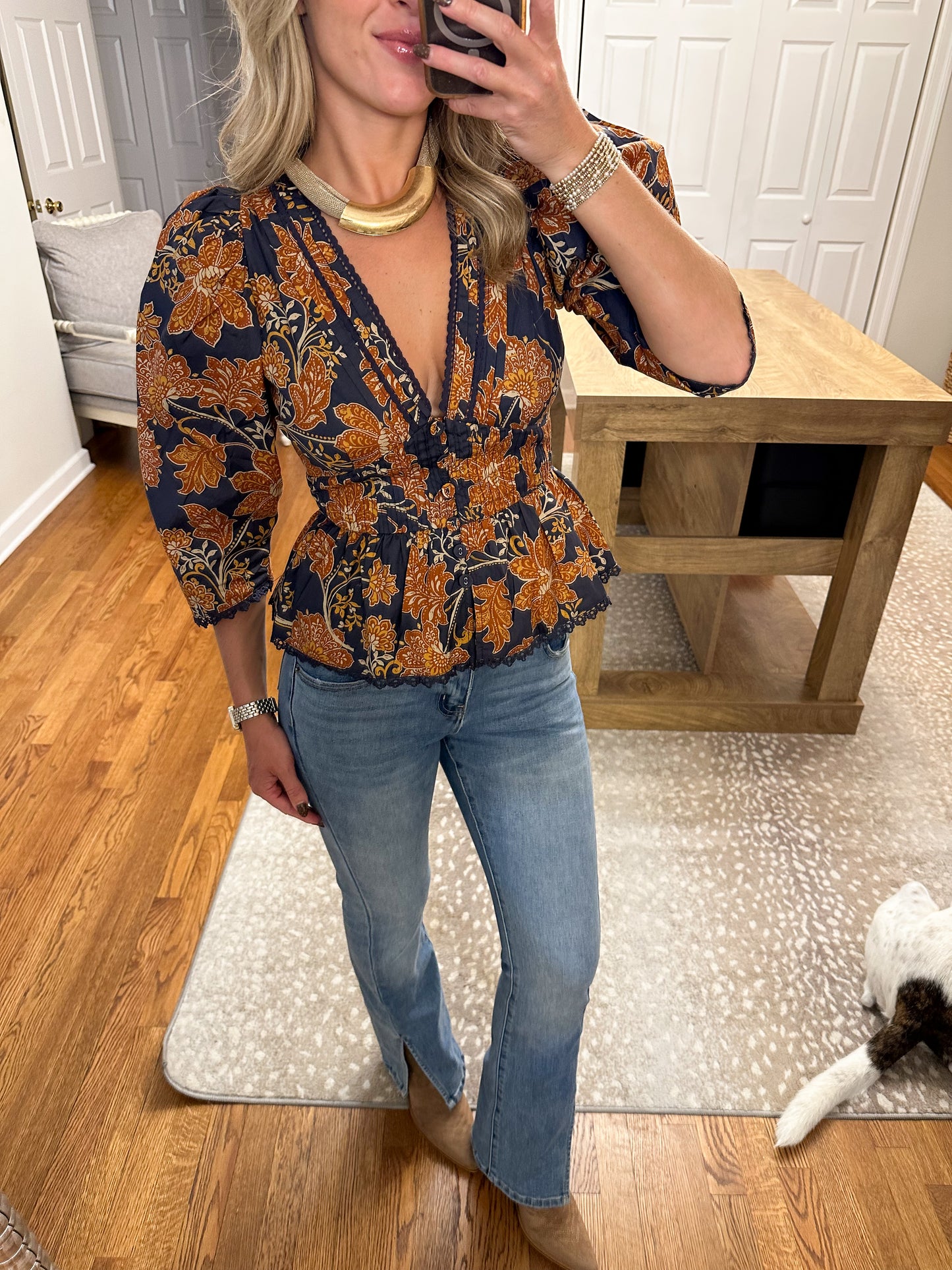 Maje Peplum Blouse- Navy/Orange
