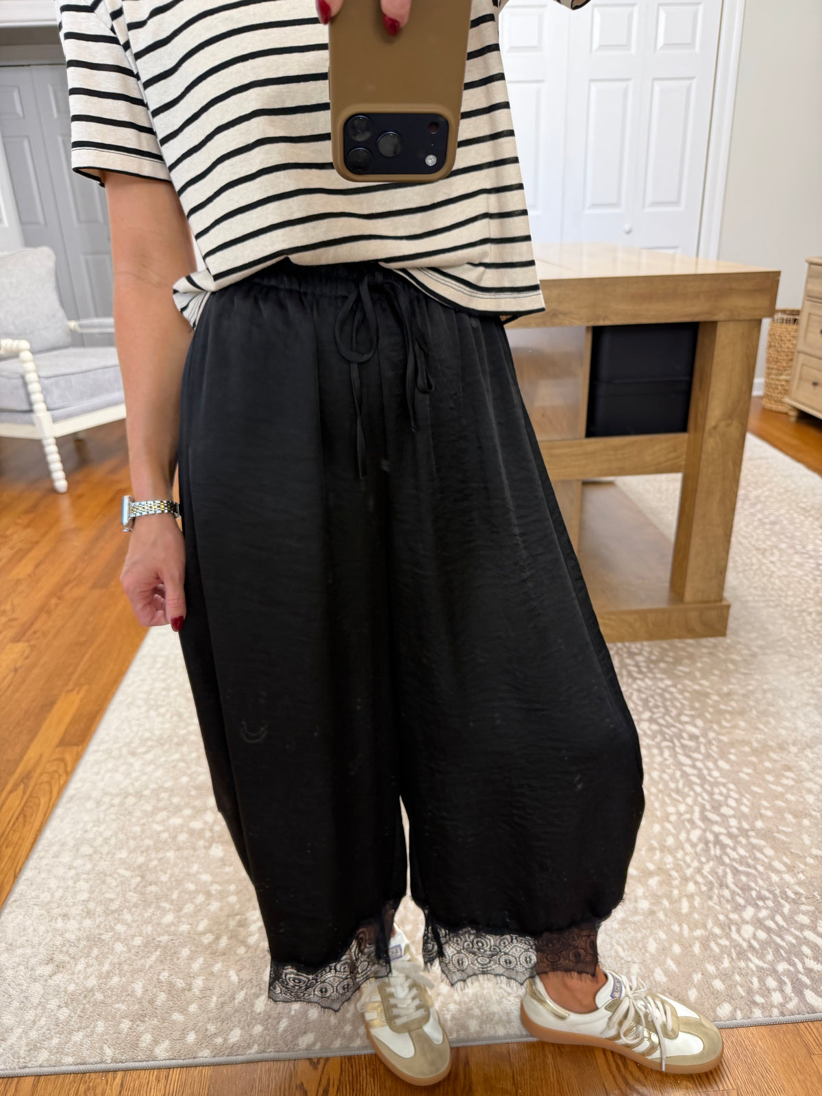 Lace Trim Satin Drawstring Barrel Pants- Black