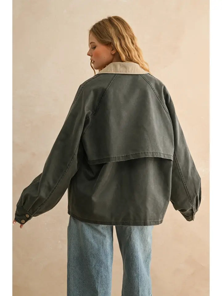 Collar Contrasted Utility Jacket- Charcoal