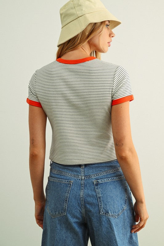 Lynn Stripe Ringer Tee- Orange
