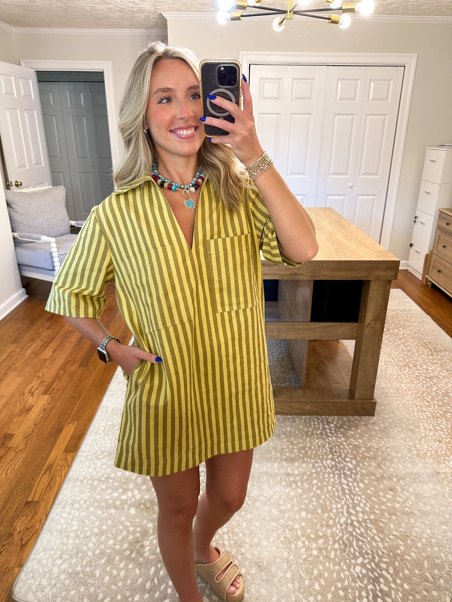 Chloe Olive Stripe Shirt Dress- Kiwi Mocha