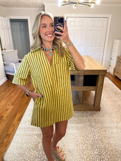 Chloe Olive Stripe Shirt Dress- Kiwi Mocha