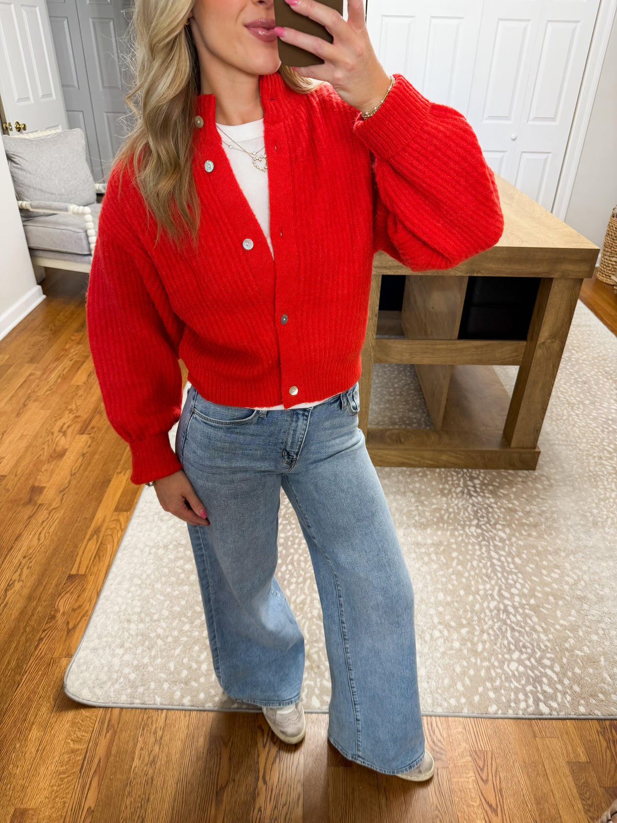Mila Balloon Sleeve Cardigan- Red
