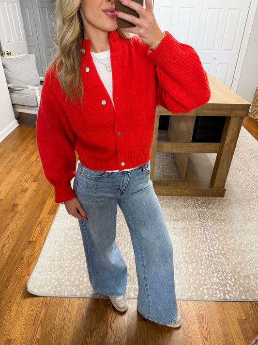 Mila Balloon Sleeve Cardigan- Red