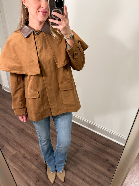 Cape Jacket with Contrast Collar- Brown