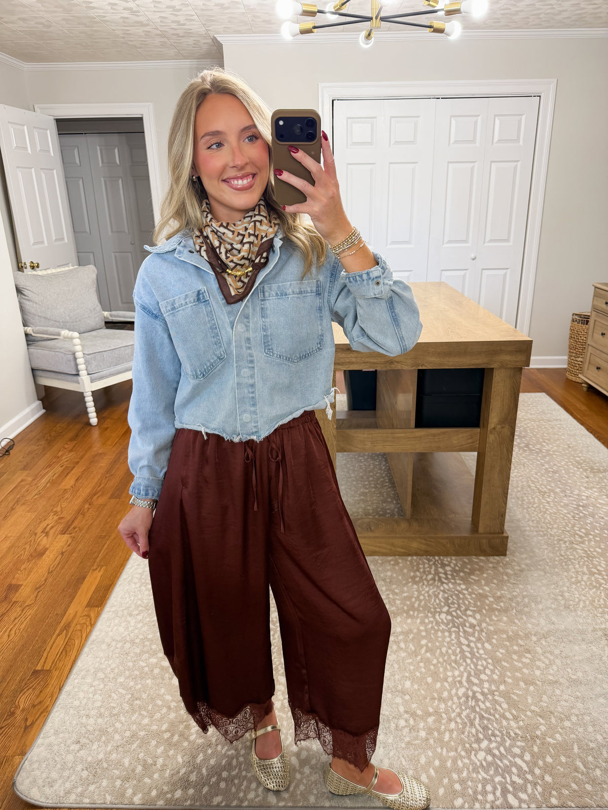 Lace Trim Satin Drawstring Barrel Pants- Rust
