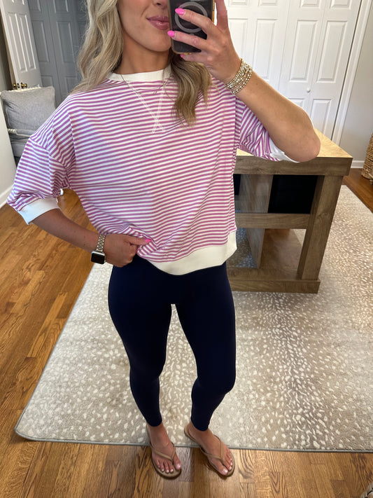 Rib Banded Short Sleeve Stripe Pullover- Bright Mauve